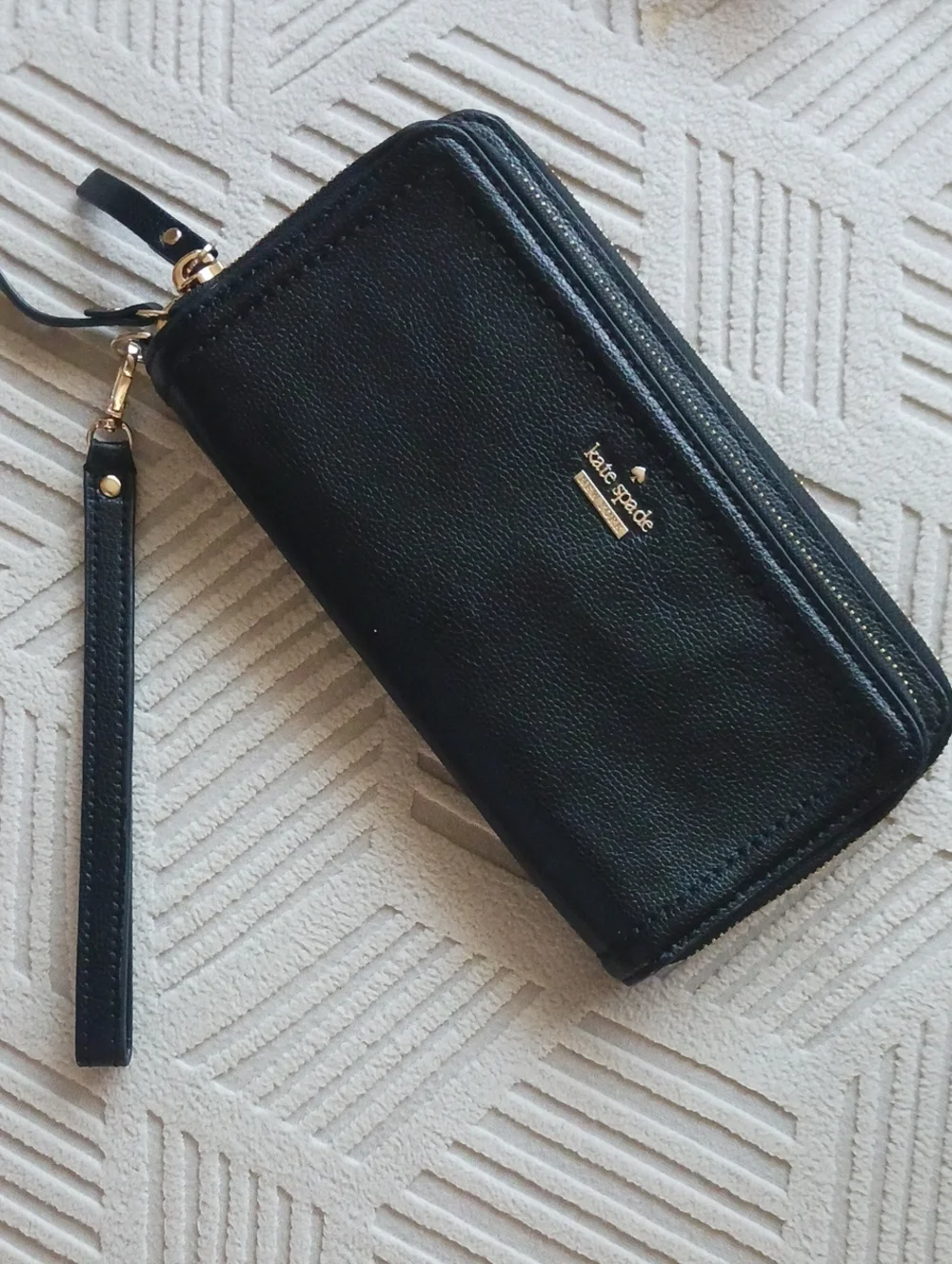 kate spade Black Leather Zip-Around Wristlet Wallet with Gold Logo